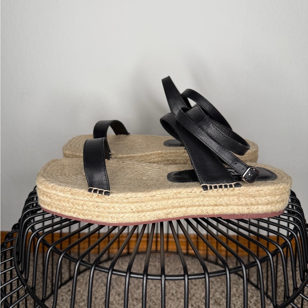 Caverley Espadrille Sandals Black Leather Jute Wedge Platform Size 8 - 8.5